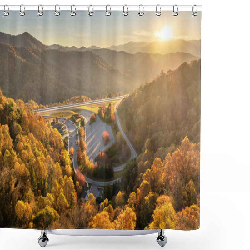 Personality  Large Truck Stop With Resting Area In North Carolina Appalachian Mountains And Busy American Interstate Freeway With Fast Driving Cars And Trucks. Recreational Parking Place During Interstate Travel. Shower Curtains