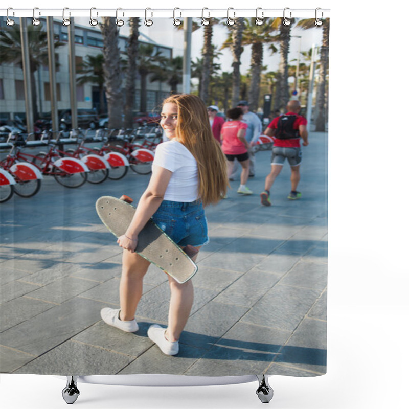 Personality  Trendy Woman Holding Her Longboard Shower Curtains