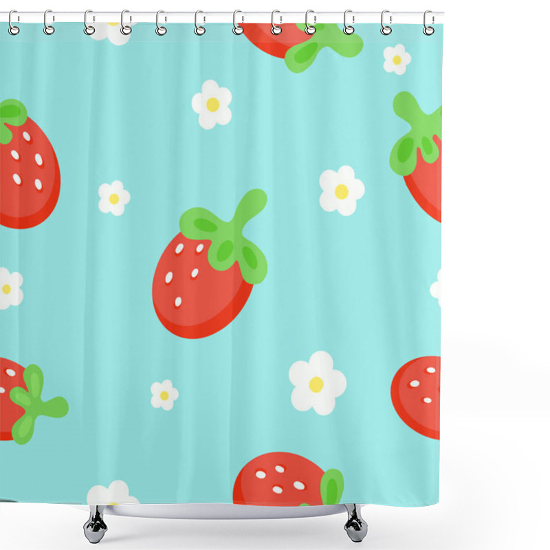 Personality  Strawberry Seamless Pattern With White Flowers On A Blue Background. Vector. Shower Curtains