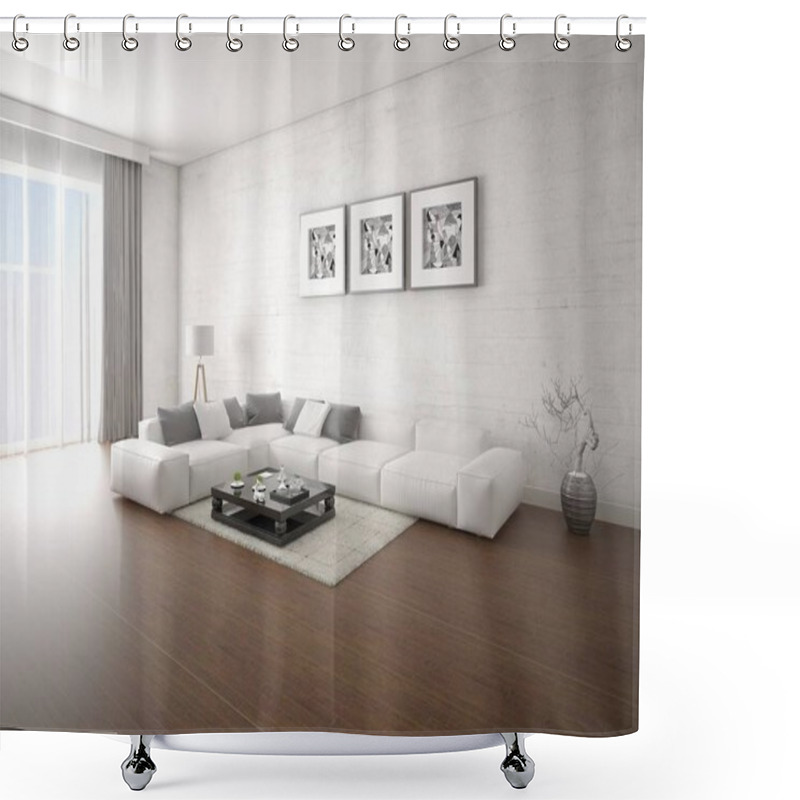 Personality  Mock Up A Stylish Living Room With A Large Bright Corner Sofa And Trendy Hipster Backdrop. Shower Curtains