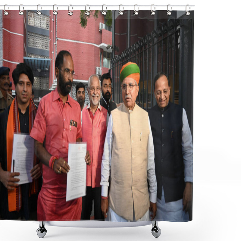 Personality  NEW DELHI INDIA NOVEMBER 11 2024 BJP Delegation Comprising Arjun Ram Meghwal Arun Singh Om Pathak Sanjay Mayukh And Shehzad Poonawalla Leaves After Meeting With Election Commission Of India ECI At Nirvachan Sadan On November 11 2024 In New Delhi Indi Shower Curtains