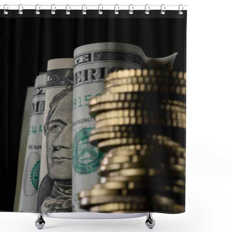 Personality  Selective Focus Of Rolled Dollar Banknotes And Pile Of Coins Isolated On Black Shower Curtains