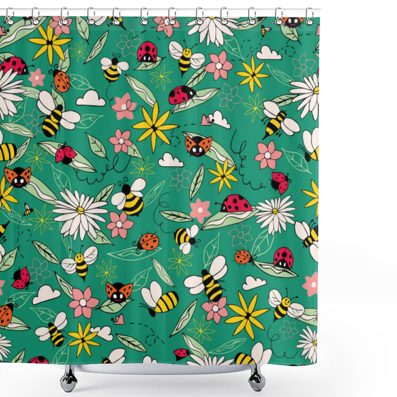 Personality  Green Ladybugs And Bees Seamless Pattern Background. Summer Pattern With Flowers And Bugs. Doodle Bugs Pattern. Summer Floral Pattern Background Shower Curtains