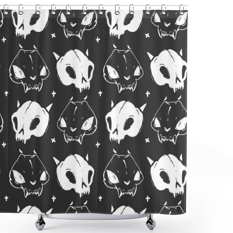 Personality  Hand Drawn Vector Abstract Artistic Freehand Textured Ink Seamless Pattern With Cat Skulls Isolated On Black Background. Shower Curtains