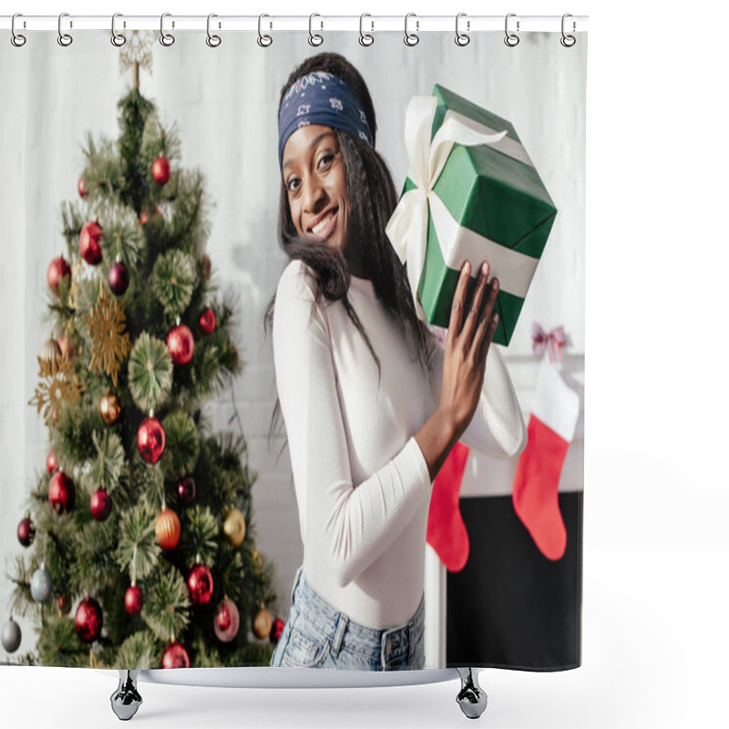 Personality  Happy Beautiful African American Woman Holding Christmas Present At Home And Looking At Camera Shower Curtains