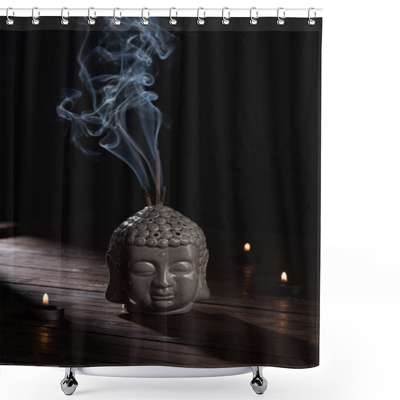 Personality  Sculpture Of Buddha Head With Burning Incense Sticks And Candles On Table Shower Curtains