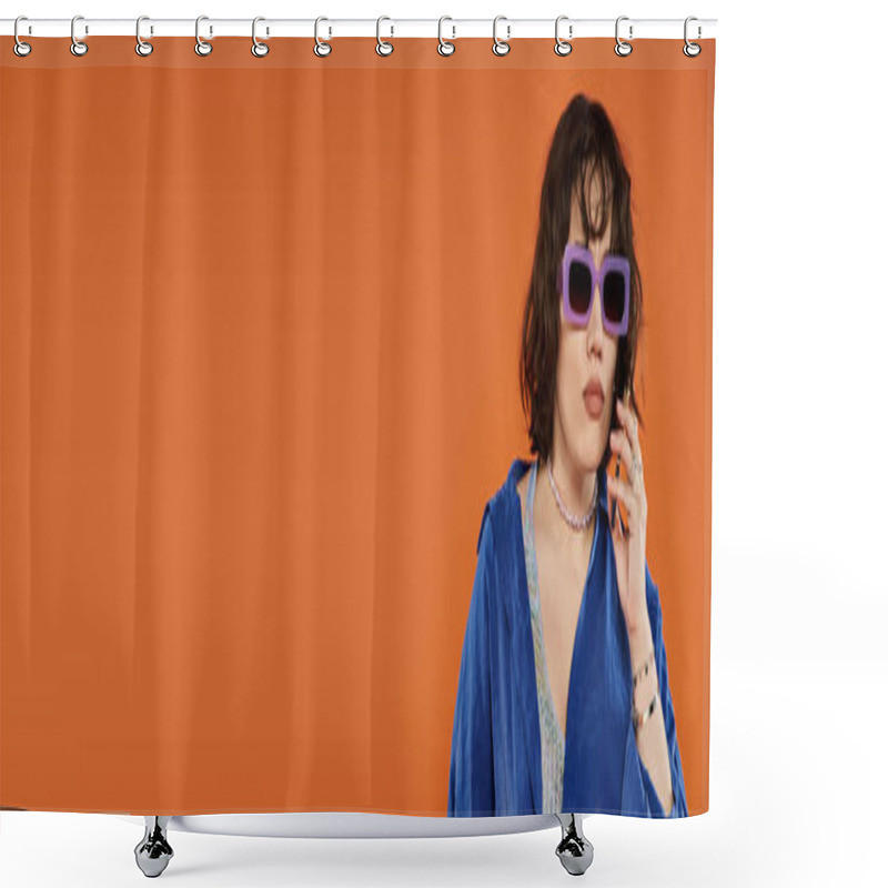 Personality  A Woman In Sunglasses And A Blue Jacket Stands Against An Orange Background. Shower Curtains