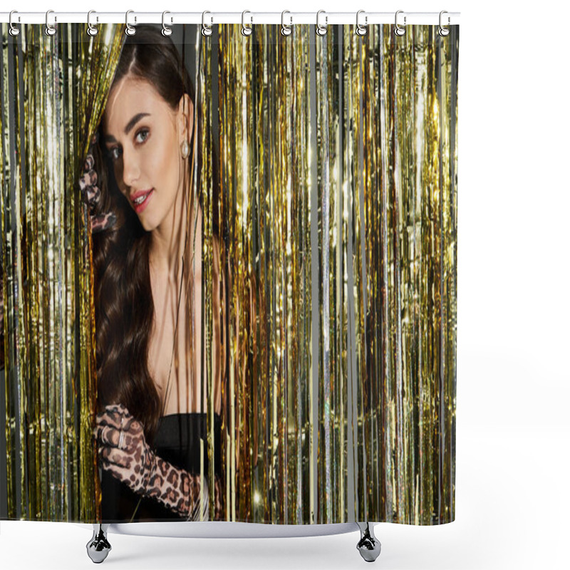 Personality  Stylish Young Woman With Elegant Gloves Playfully Peeks Through Golden Streamers At An Event. Shower Curtains