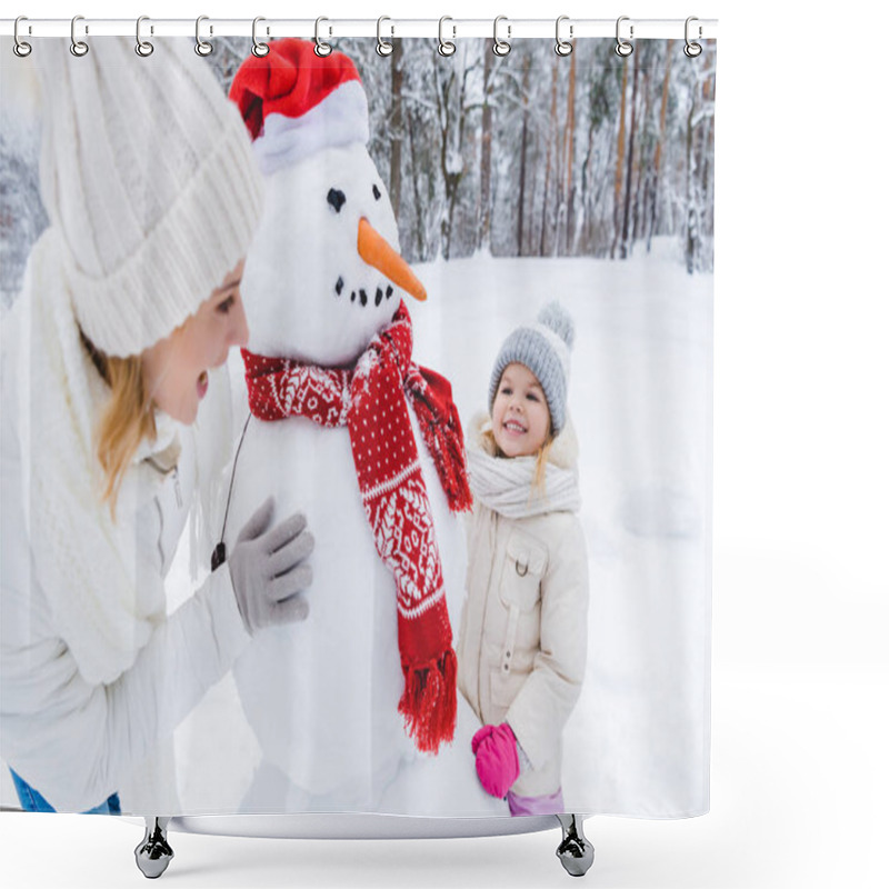 Personality  Happy Mother And Daughter Playing With Snowman In Winter Park Shower Curtains