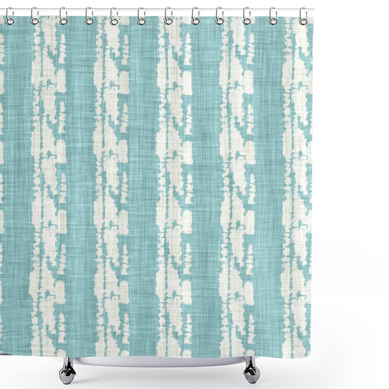 Personality  Aegean Teal Broken Stripe Rustic Linen Texture Background. Summer Line Coastal Living Style. Light Turquoise Blue Cloth Effect Textile Seamless Pattern. Washed Out Beach Cottage Fabric Material.  Shower Curtains