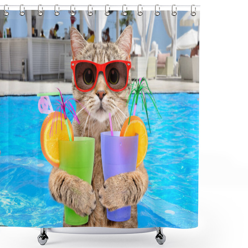 Personality  Funny Cat In Sunglasses With Cocktails In His Paws On Background Pool Shower Curtains