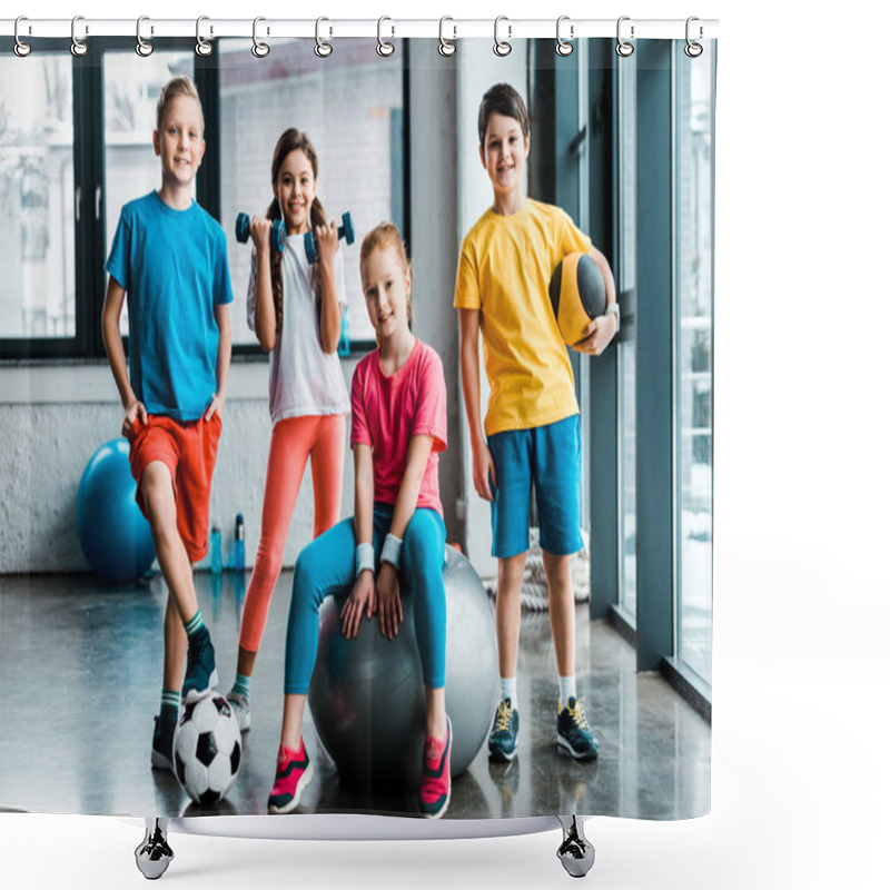 Personality  Laughing Preteen Kids Posing With Sport Equipment Shower Curtains