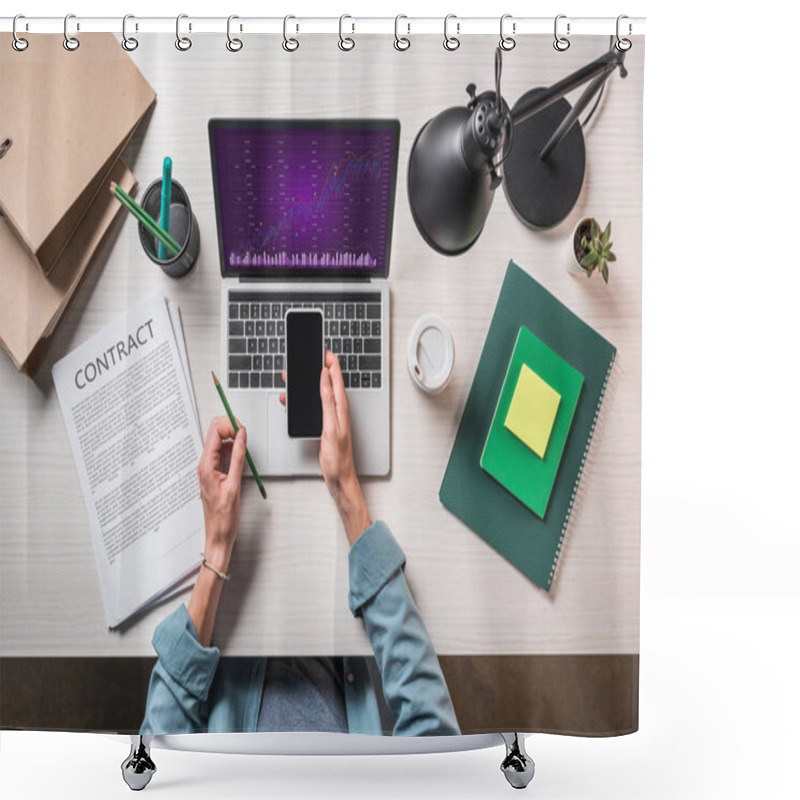 Personality  Cropped Image Of Businessman With Smartphone At Table With Contract, Stationery And Laptop With Graph On Screen Shower Curtains