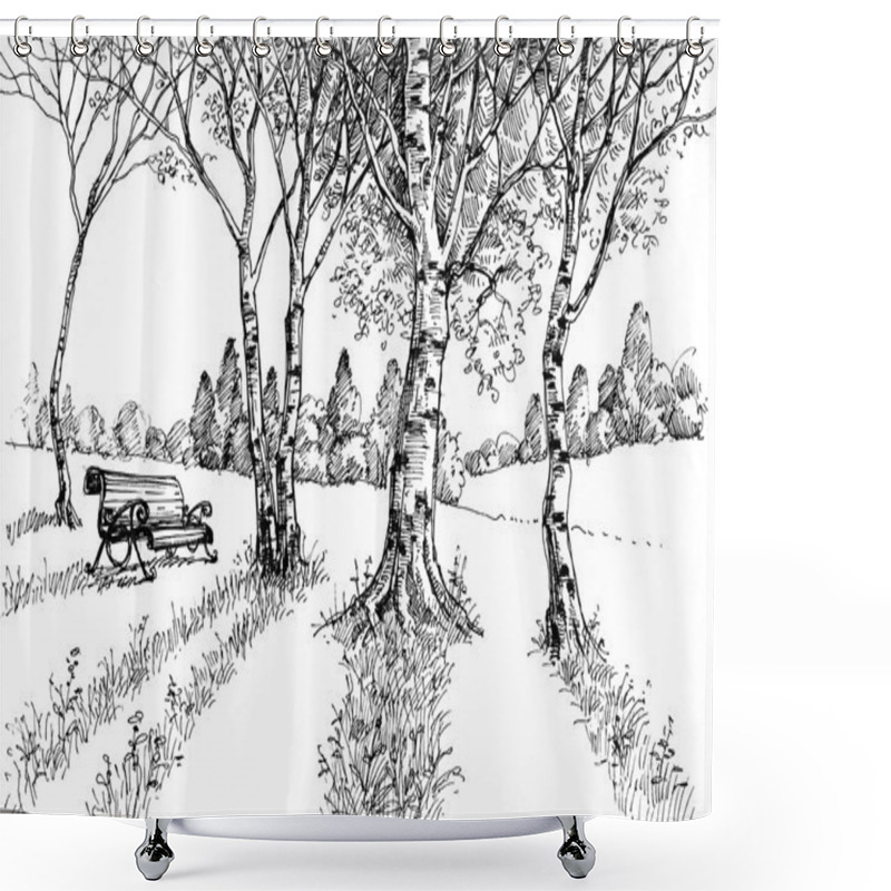 Personality  Garden In The Sunlight Drawing. A Bench In The Park Shower Curtains