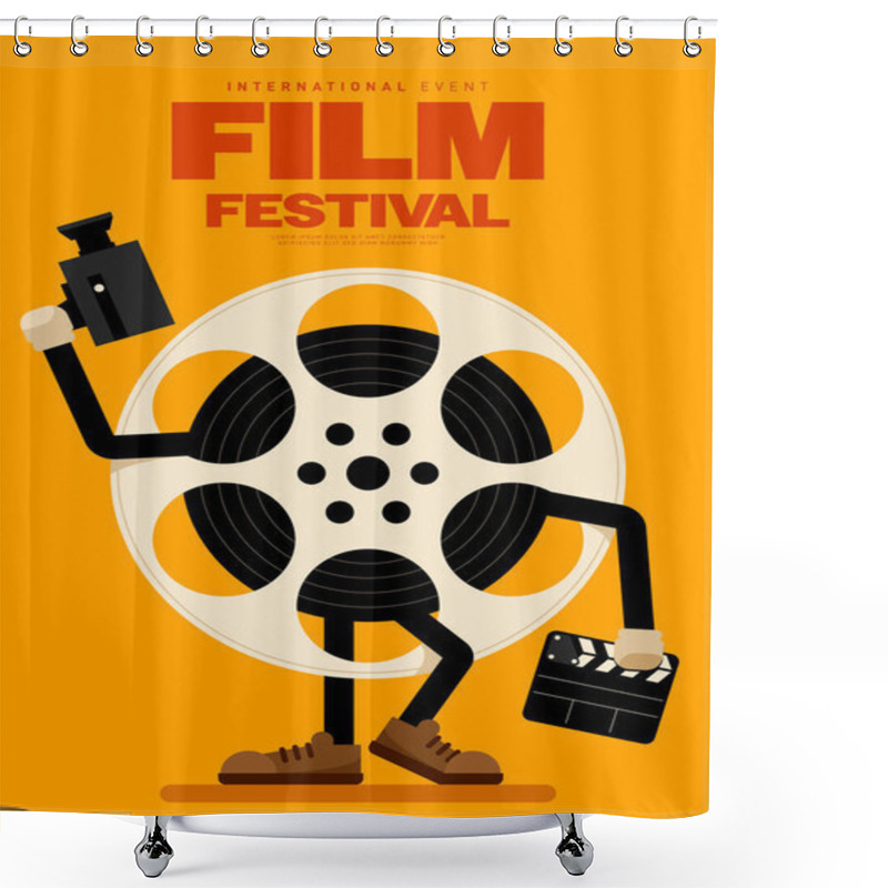 Personality  Movie And Film Festival Poster Template Design Background With Film Reel And Camera. Design Element Can Be Used For Backdrop, Banner, Brochure, Leaflet, Flyer, Print, Publication, Vector Illustration Shower Curtains