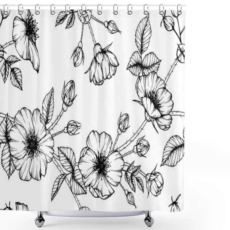 Personality  Seamless Dog Rose Flower Pattern Background. Black And White With Drawing Line Art Illustration. Shower Curtains