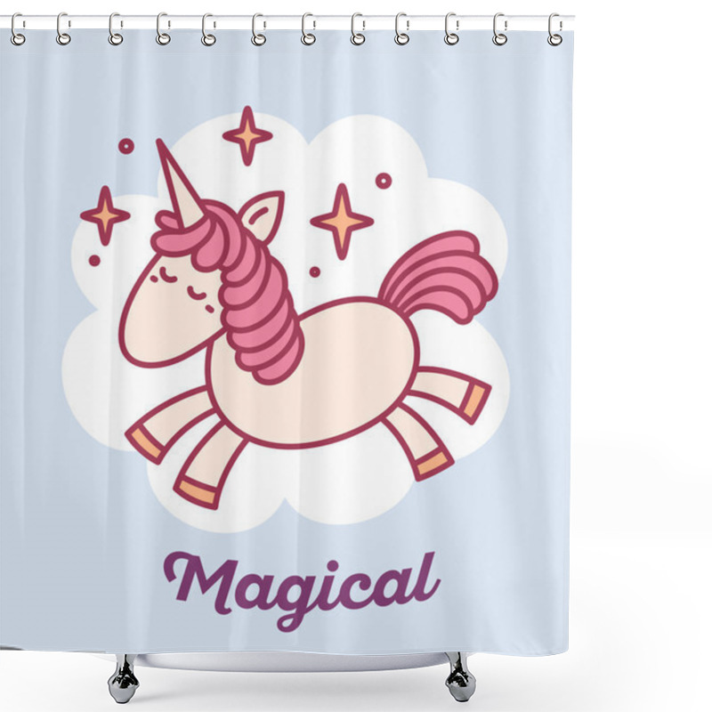 Personality  Vector Illustration Of Cute Magic Unicorn Flying In The Sky With Shower Curtains