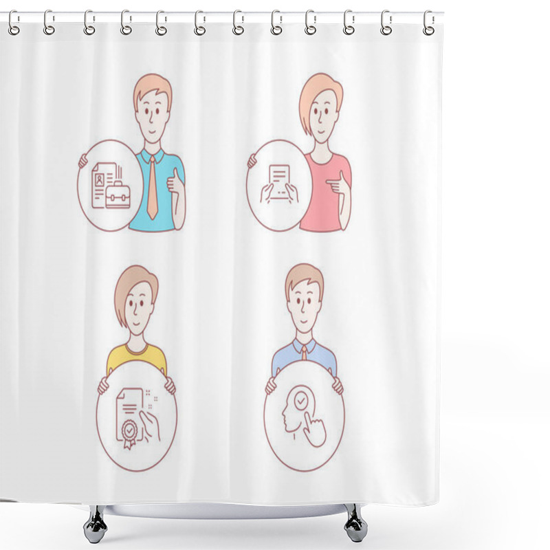 Personality  People Hand Drawn Style. Set Of Vacancy, Receive File And Certificate Icons. Select User Sign. Hiring Job, Hold Document, Certified Guarantee. Head With Checkbox. People Vector. Shower Curtains