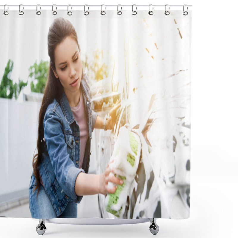 Personality  Beautiful Woman Cleaning Car At Car Wash With Rag And Foam Shower Curtains