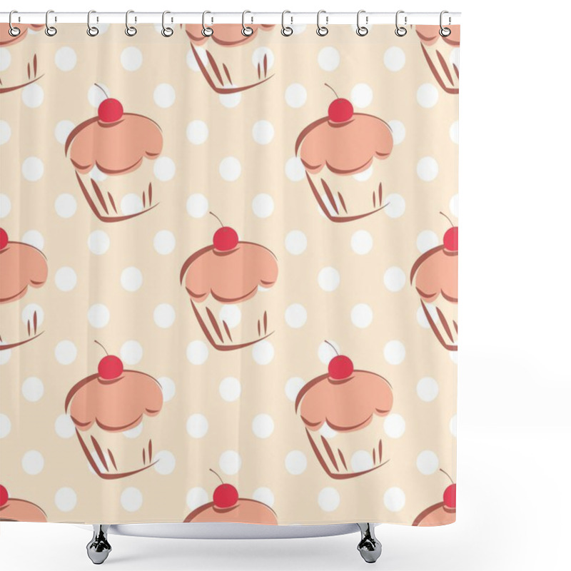 Personality  Seamless Vector Pattern Or Tile Texture With Cherry Cupcakes And White Polka Dots On Pink Background. Shower Curtains