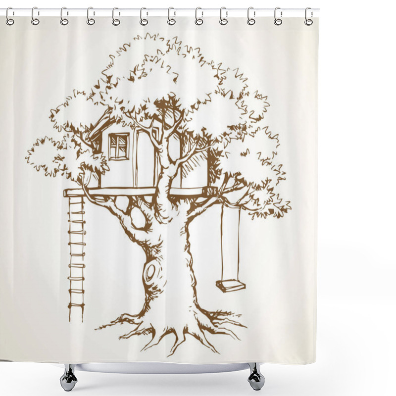 Personality  Cute Old Rural Spring Plant Foliage Rope Small Toy Outside Camp Club Terrace On White Sky. Outline Black Ink Hand Drawn Funny Little Line Logo Icon Sign Symbol Picture Design In Retro Art Doodle Style Shower Curtains