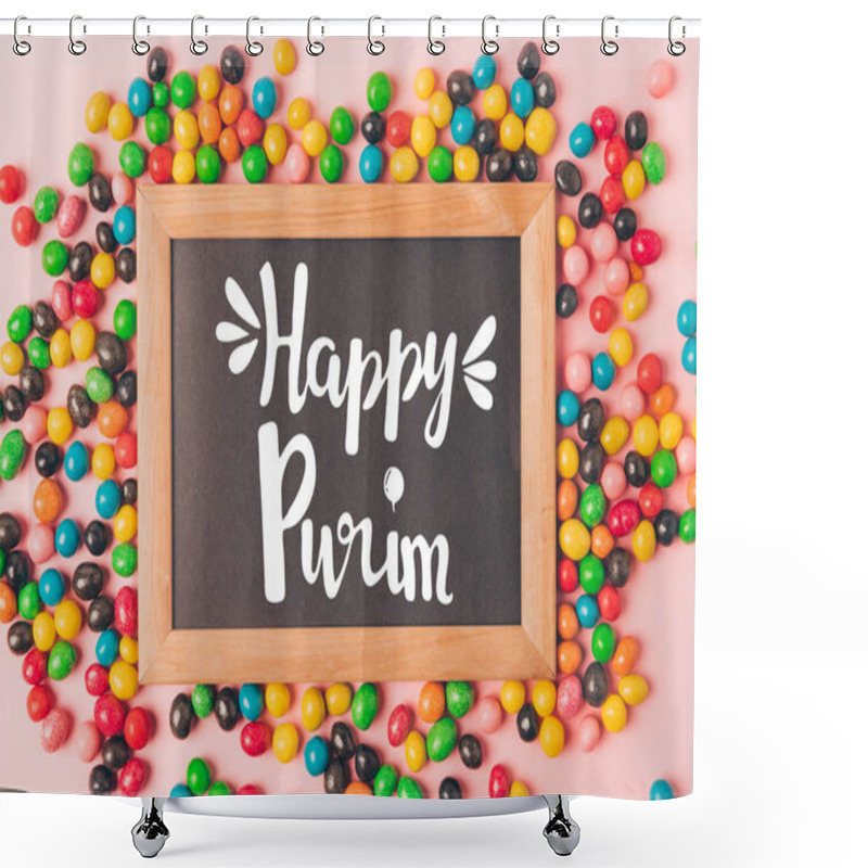 Personality  Top View Of Candies And Blackboard Isolated On Pink, Purim Holiday Concept Shower Curtains