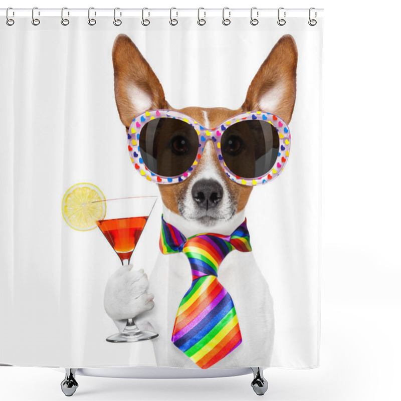 Personality  Funny Gay Homosexual  Jack Russell  Dog Proud Of Human Rights ,sitting And Waiting, With Rainbow Flag Tie  And Sunglasses , Cheers With Cocktail A Toast Shower Curtains