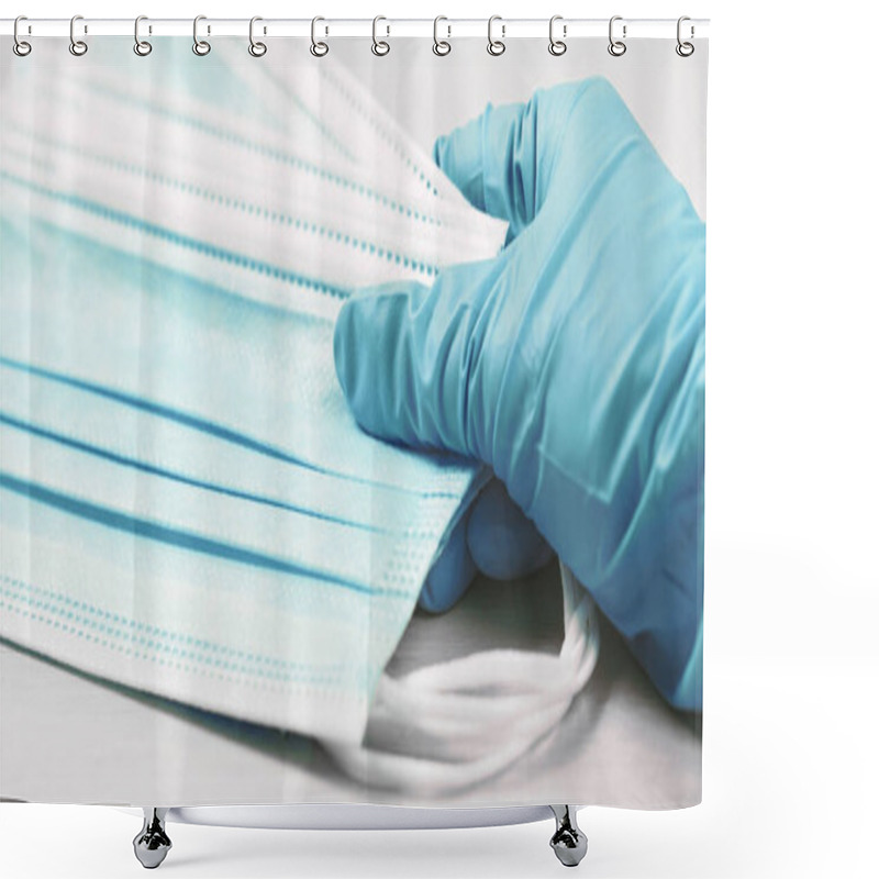 Personality  Close Up Of Doctor's Hand In A Glove With A Medical Face Mask For Protection Against Infection. Coronavirus, Ppe, Personal Safety And Lockdown Measures. Medical And Healthcare Banner Shower Curtains