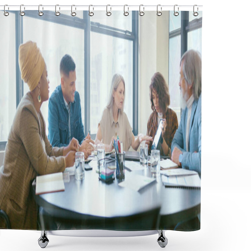 Personality  Business People, Tablet And Teamwork For Planning, Strategy And Ideas By Desk In Modern Office For Goal. Corporate Group, Digital Tech And Finance Team For Brainstorming, Vision Or Target In New York. Shower Curtains