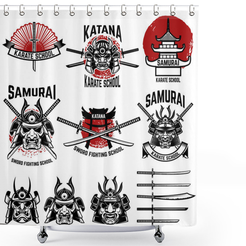 Personality  Karate School Labels. Samurai Swords, Samurai Masks. Japanese Cu Shower Curtains