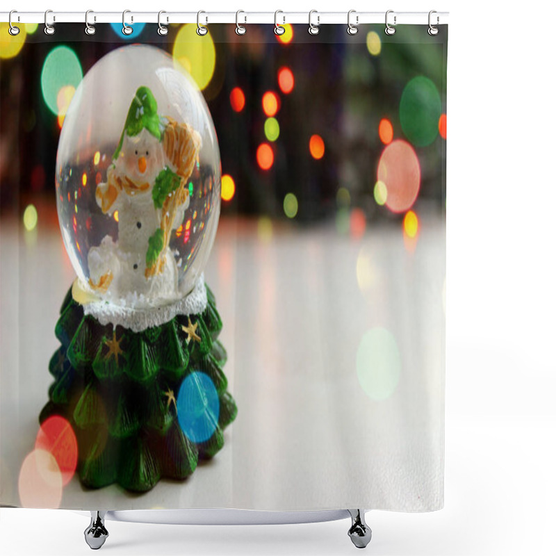 Personality  Christmas Toy Snowman In A Ball On A Light Background, A Sprig Of Spruce. Free Space For Text Shower Curtains