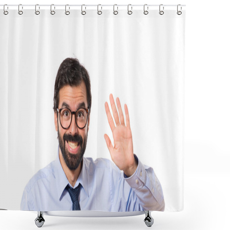 Personality  Businessman Saluting Over White Background Shower Curtains