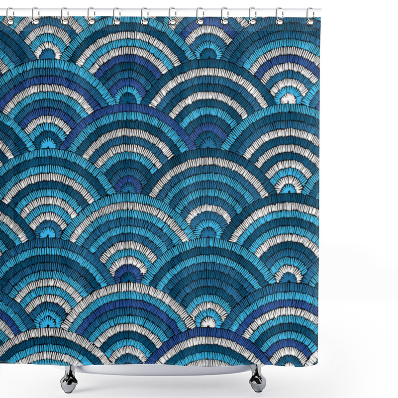 Personality  Wavy Seamless Pattern. Embroidered Hand-drawn Background. Blue W Shower Curtains