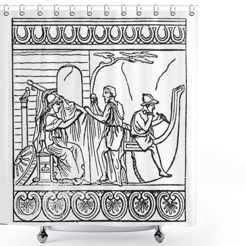 Personality  Antefixa  Representing Minerva Superintending, Construction Of The Ship Argo, Antefixa Are Terra-cottas, Various Ornamental Designs, Vintage Line Drawing Or Engraving Illustration. Shower Curtains