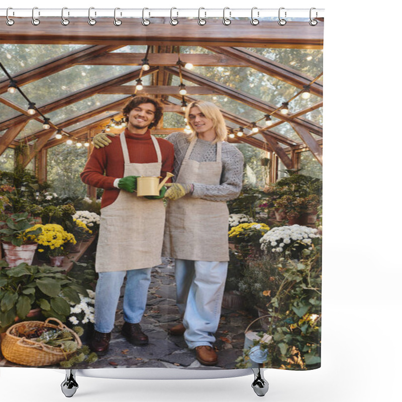 Personality  In A Serene Greenhouse, Two Young And Handsome Men Share A Joyful Moment While Surrounded By Colorful Flowers. Shower Curtains