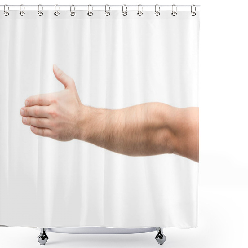 Personality  Cropped View Of Man With Outstretched Hand Isolated On White  Shower Curtains