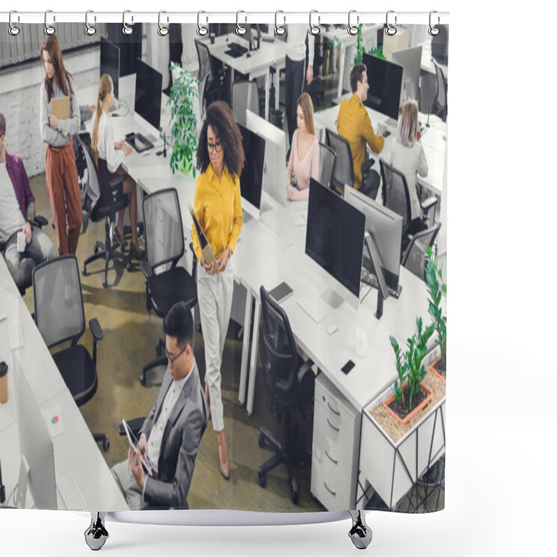 Personality  High Angle View Of Professional Young Businesspeople Working With Computers And Papers In Office   Shower Curtains