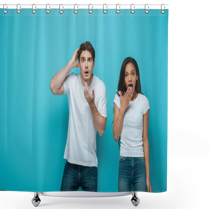 Personality  Shocked Man And African American Girl Looking At Camera On Blue Background Shower Curtains