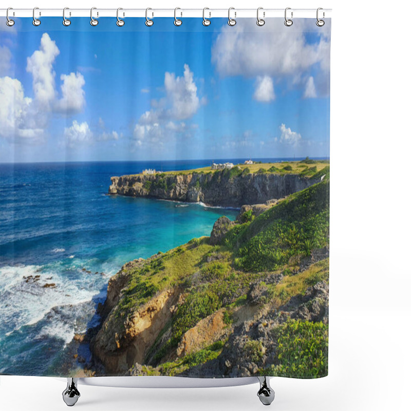 Personality  AERIAL: Flying Over The Lush Green Cliffs On The Coast Of Barbados On Sunny Day. Shower Curtains