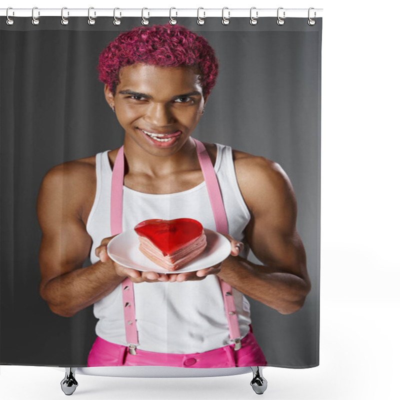 Personality  Joyful Man With Pink Hair Showing Heart Shaped Mini Cake And Sticking Out Tongue, Fashion And Style Shower Curtains