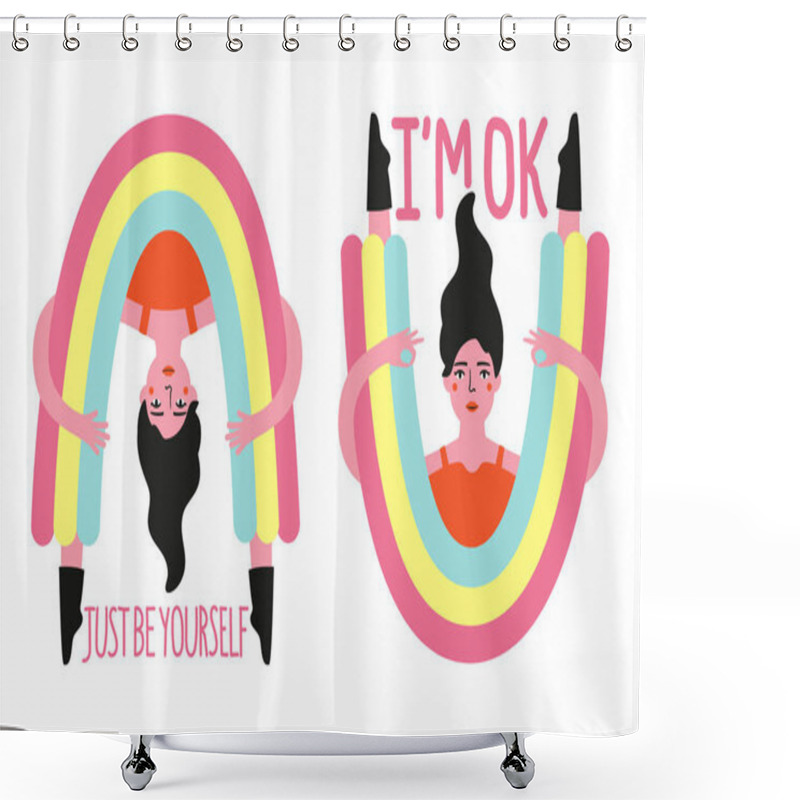 Personality  Vector Set With Girl In Rainbow Style Pants. I'm Okay And Just B Shower Curtains