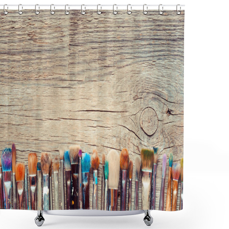 Personality  Row Of Artist Paintbrushes Closeup On Old Wooden Rustic Backgrou Shower Curtains