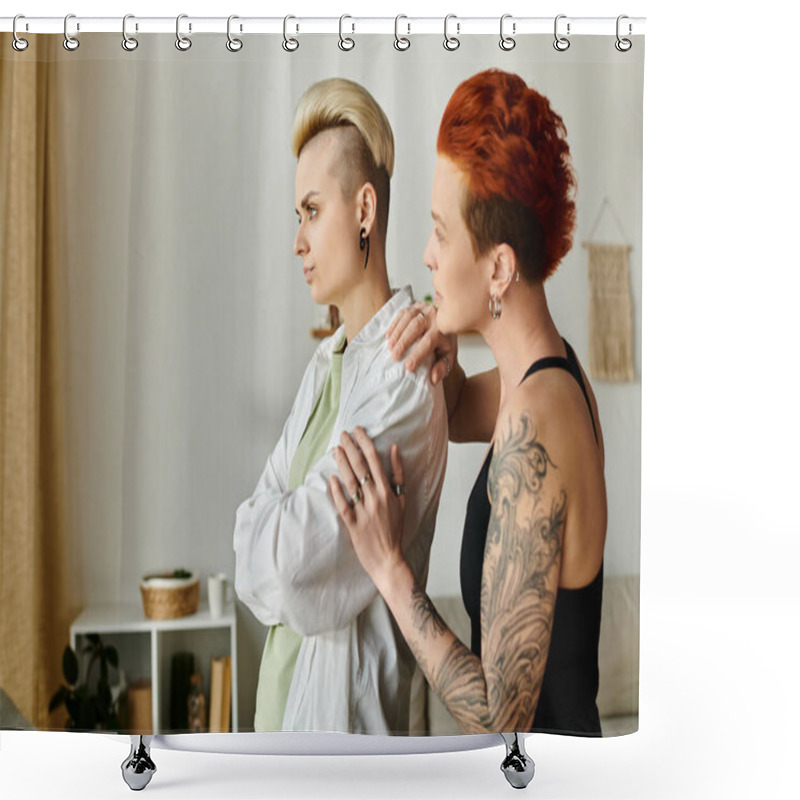 Personality  Two Women, A Lesbian Couple, Stand Close In A Living Room, Exuding Conflict Shower Curtains