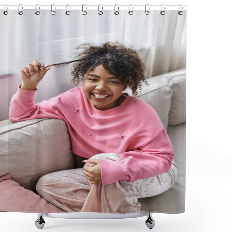 Personality  Happy Moment Of A Young Woman Lounging Comfortably At Home. Shower Curtains