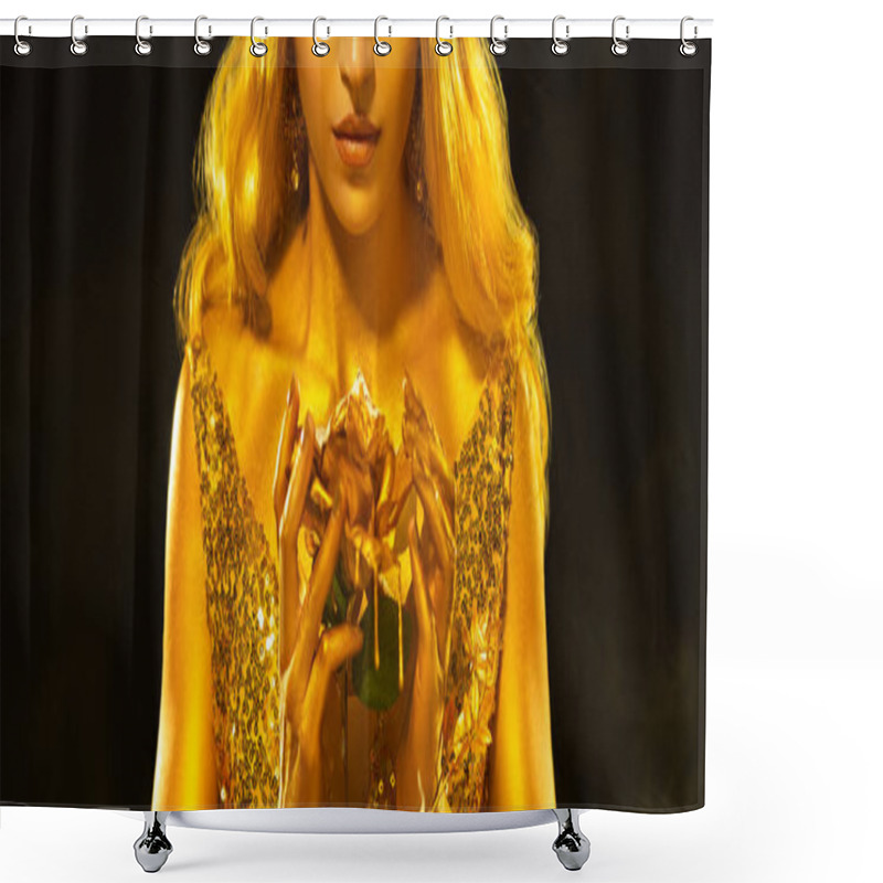 Personality  Art Photo Fantasy Woman Queen Holding In Hands Metal Liquid Gold Dripping Rose Flower. Night Black Studio. Blonde Hair Girl Fairy Princess Golden Skin Sexy Lips Beauty Face Cropped. Midas Hand Gilding Shower Curtains