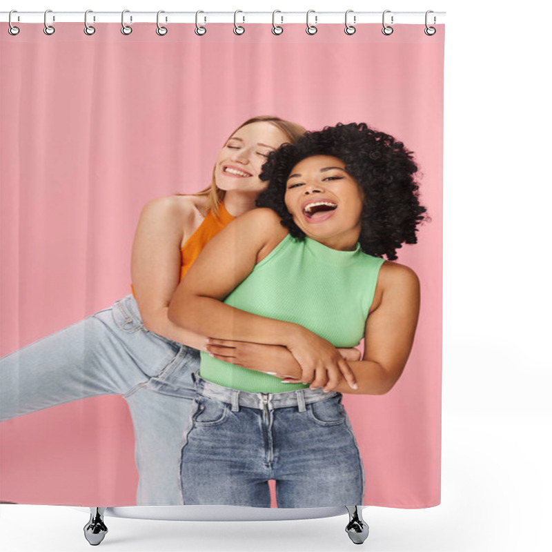 Personality  Two Young Women Hug In Front Of A Pink Background. Shower Curtains