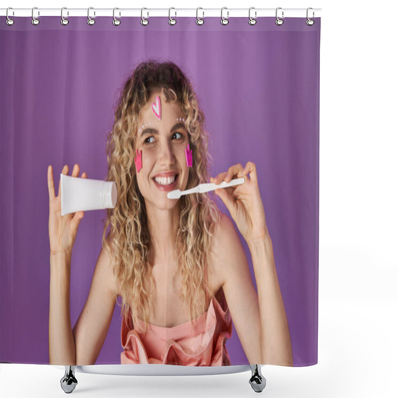 Personality  Smiley Blonde Tooth Fairy In Pink Costume With Face Stickers Holding Toothbrush And Dental Paste Shower Curtains