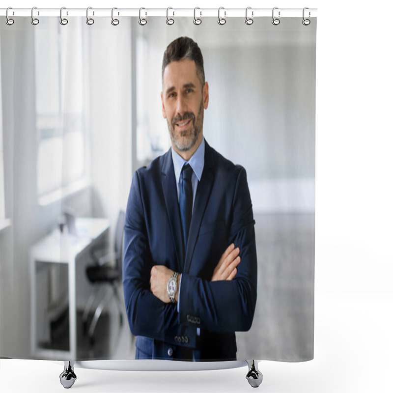 Personality  Portrait Of Confident Middle Aged Male Entrepreneur In Suit Standing With Folded Arms And Smiling At Camera, Successful Businessman Posing In Office, Advertising Professional Services Shower Curtains