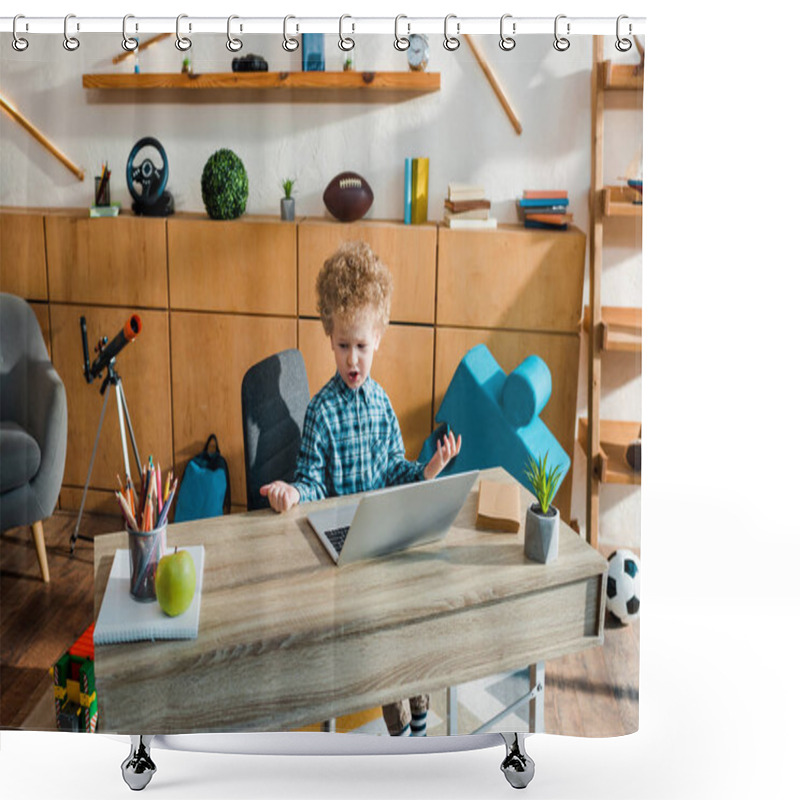 Personality  Smart Child Using Laptop Near Fresh Apple On Table Shower Curtains