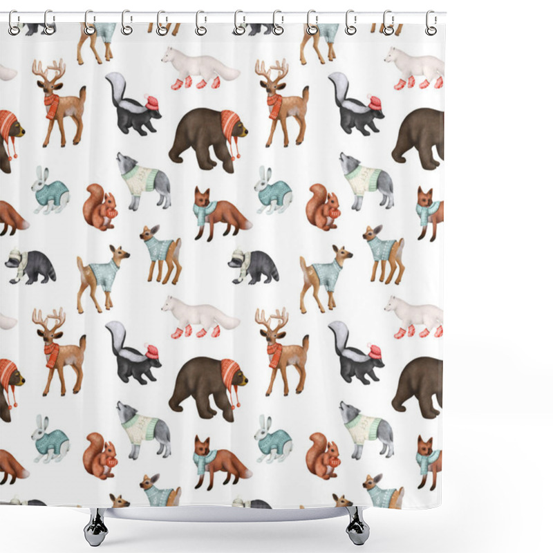 Personality  Seamless Pattern Of Woodland Animals In Winter Clothes, Christmas Cute Characters Print, Illustration On White Background Shower Curtains